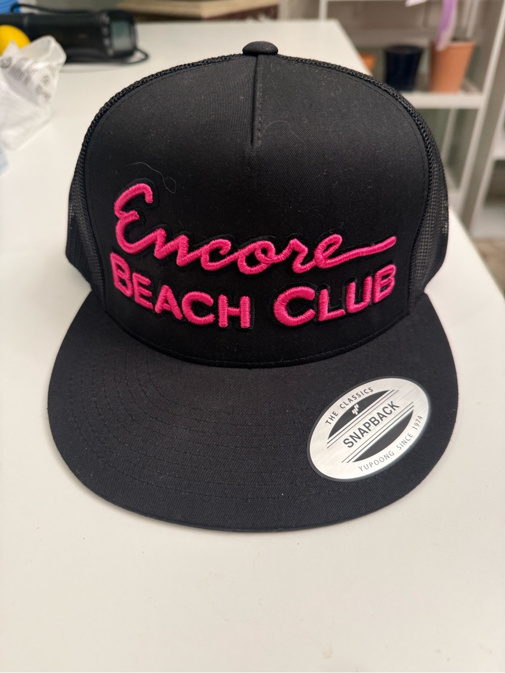 Encore Beach Club Black Snapback Hat with Pink Embroidery